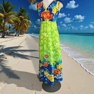 Malihini Hawaiian Dress Vintage 70s Maxi Sleeveless Floral Size 14